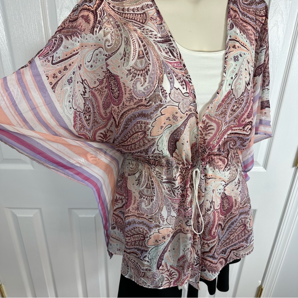 VICTORIA’S SECRET Feminine butterfly sleeves tie front sheer jacket paisley M L - Picture 4 of 9